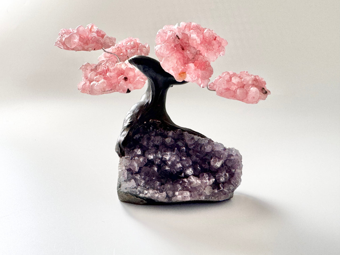 Rose Quartz Gem Tree on Amethyst Base, 6 braches