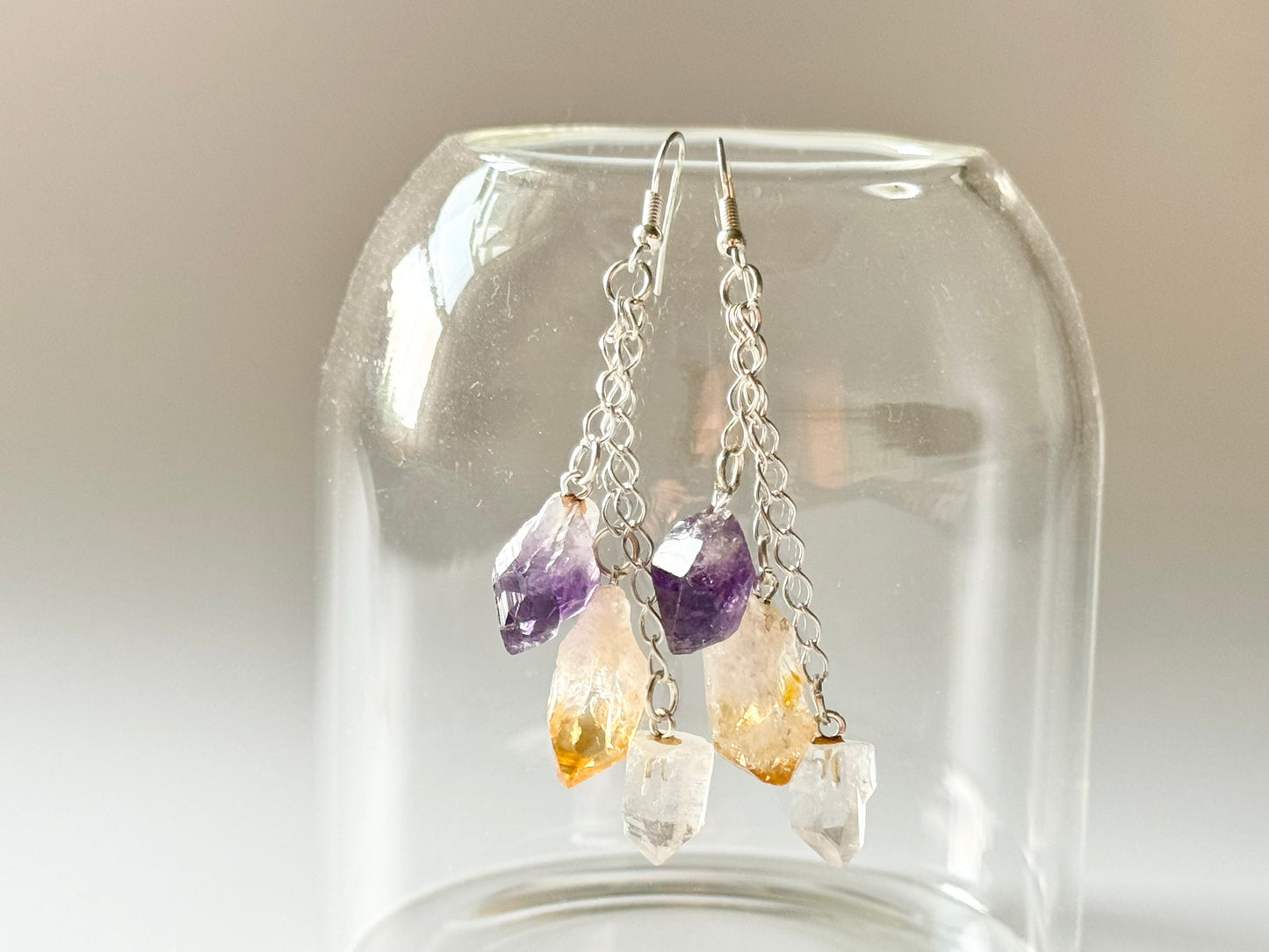 Amethyst, Citrine and Quartz Silver Plated Earrings