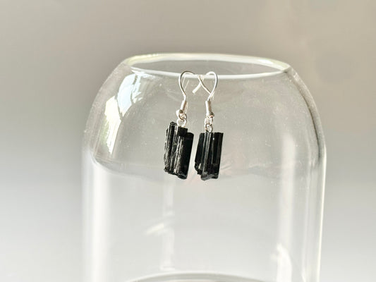 Raw Black Tourmaline Silver Plated Earrings