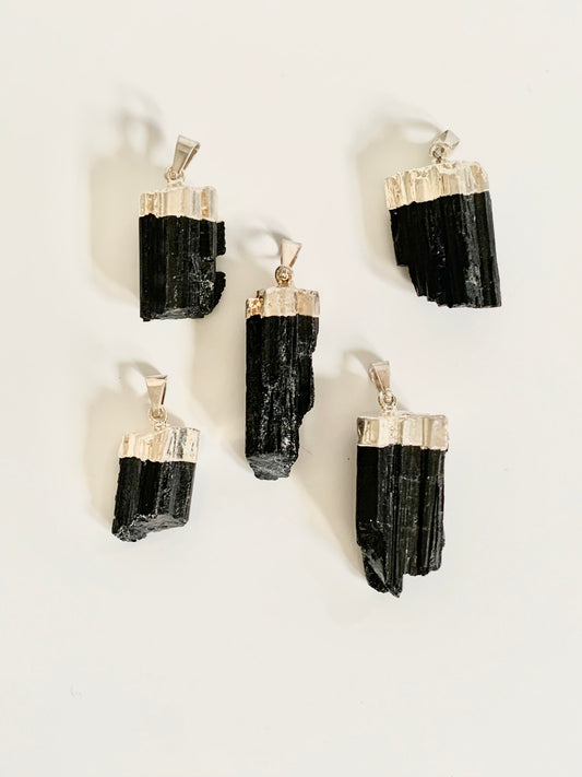 Black Tourmaline Pendant, Electroplated Cap