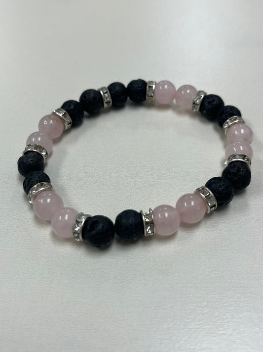 Lava Stone and Rose Quartz Round Bead Bracelet, 8mm