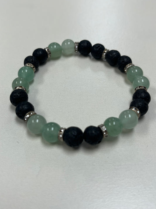 Lava Stone and Green Aventurine Round Bead Bracelet, 8mm