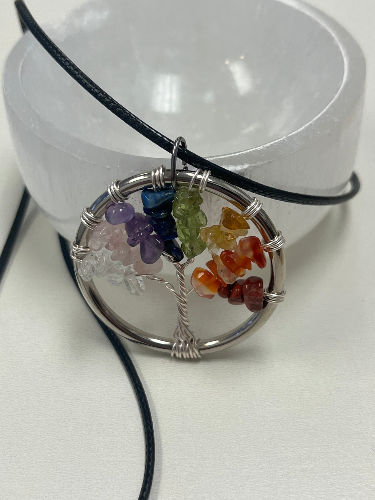 Chakra Tree of Life Pendant (~1" circle) with Black Cord