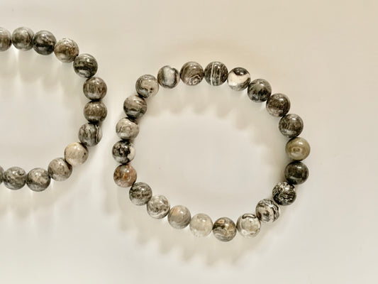 Grey Agate Round Bead Bracelet, 8mm