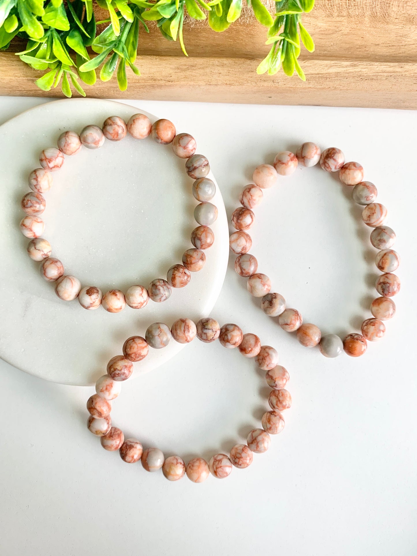 Red Vein Jasper Round Bead Bracelet, 8mm