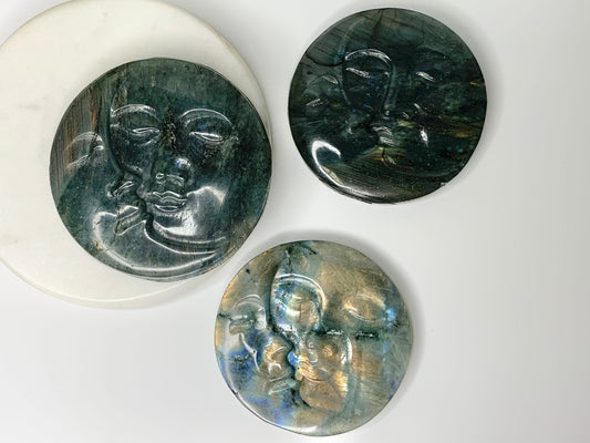 Sun and Moon Face Labradorite Carving, flat